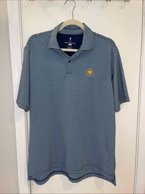 Fairway & Greene Blue and White Striped Polo with President's Cup Logo